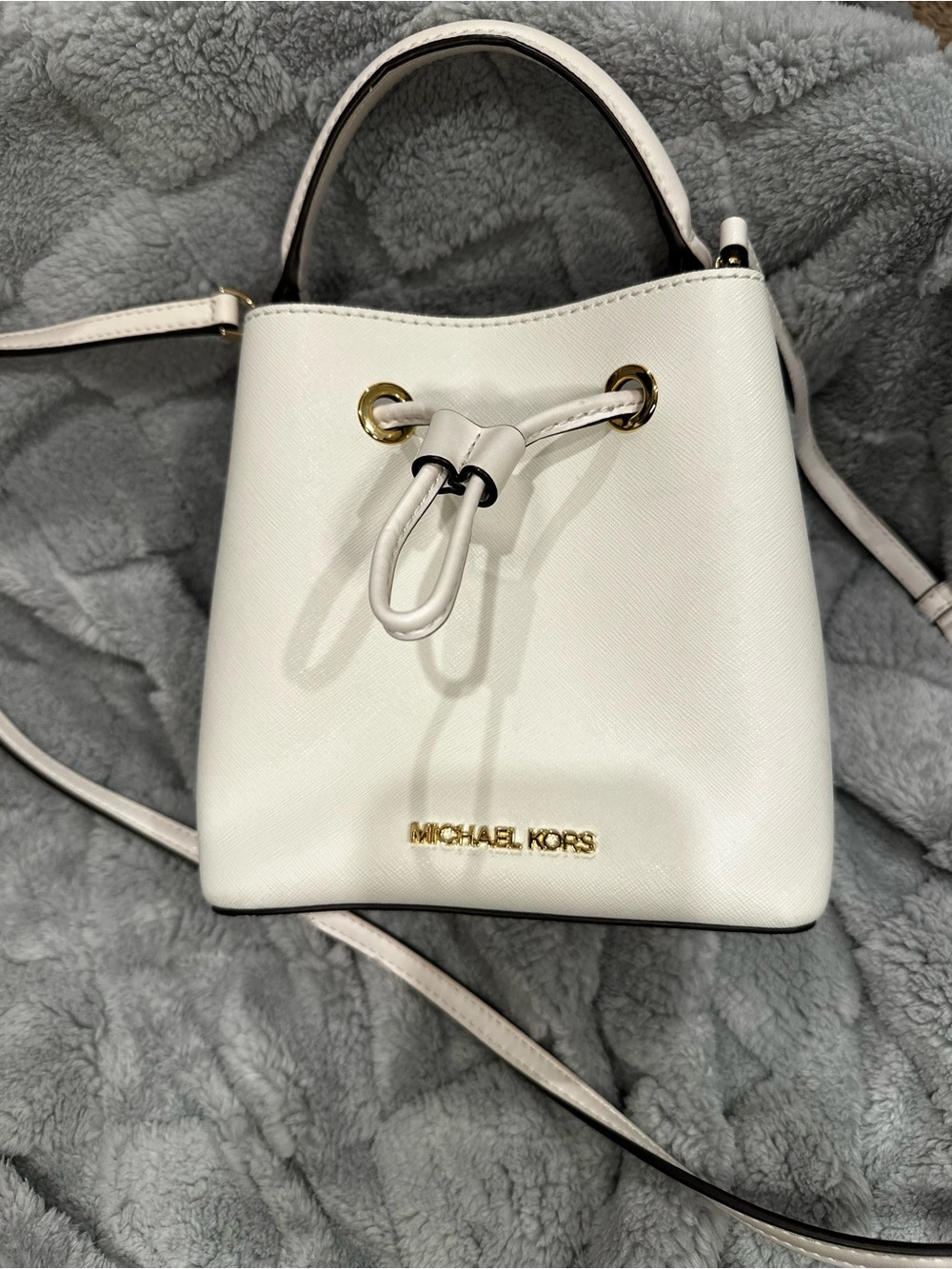 MICHAEL KORS White Saffiano Mini Drawstring Bucket Bag with Gold Hardware